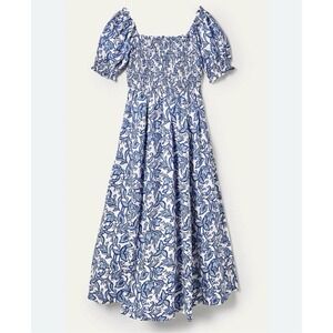 BODEN Midi Dress Size 2 Blue White Linen Square Neck Smocked Bodice Short Sleeve